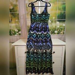 B Smart Tribal Print Maxi Dress with Turquoise Beaded Waist – Size M